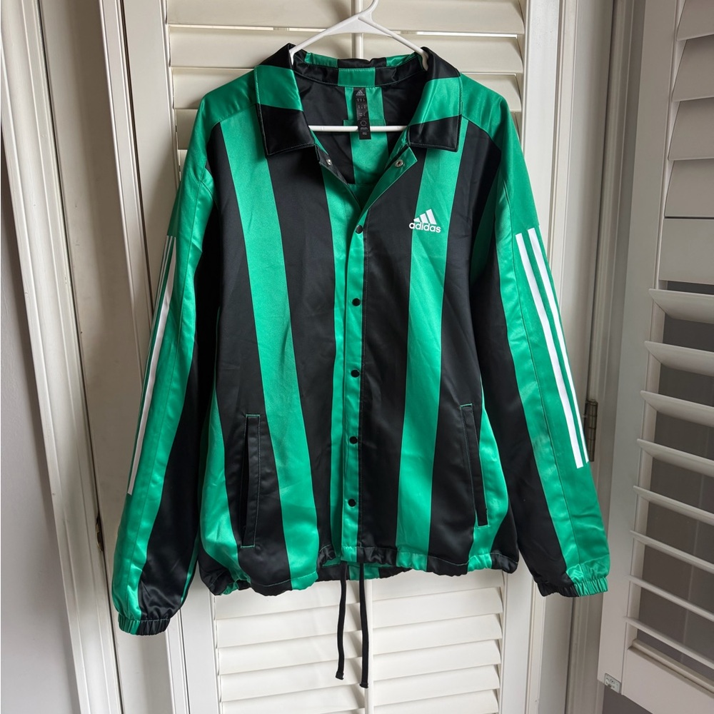 All Court Satin Striped Jacket Warm Up Track Top Green Black Adidas Size Medium
